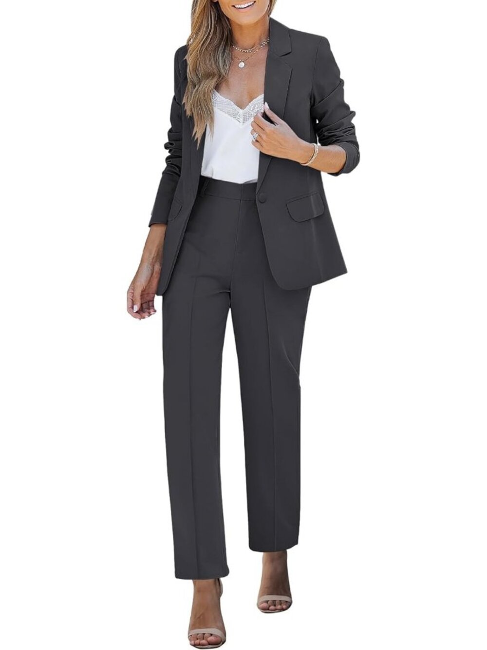 Chic Women's Two-Piece Pantsuit Set - Dressy Business Casual Blazer & Trousers